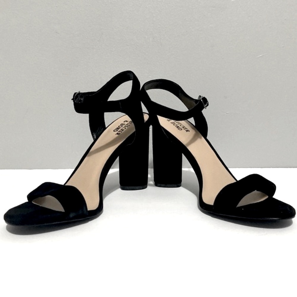 EUC Bleeker & Bond‎ Black Leather Platform Block Heels With Ankle Strap, Size 8.